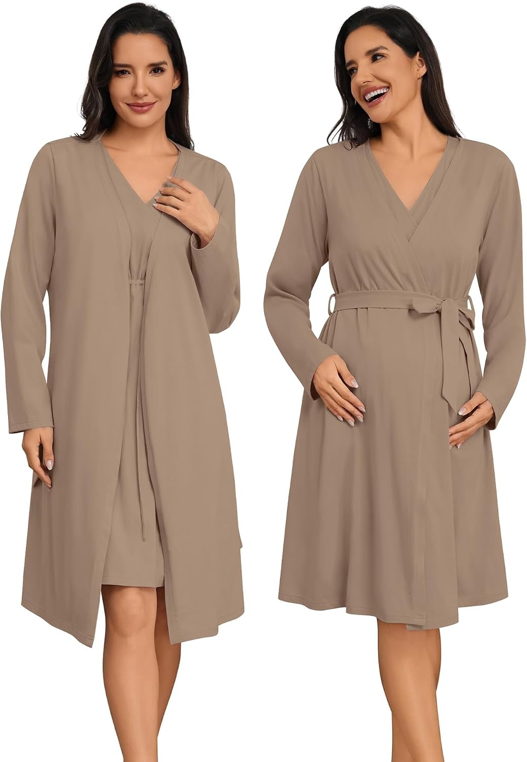 image:imageSWOMOG Women 100 Cotton Maternity Nursing Gown and Robe Set 3 in 1 Labor Postpartum Soft Nightgown for BreastfeedingLight Brown