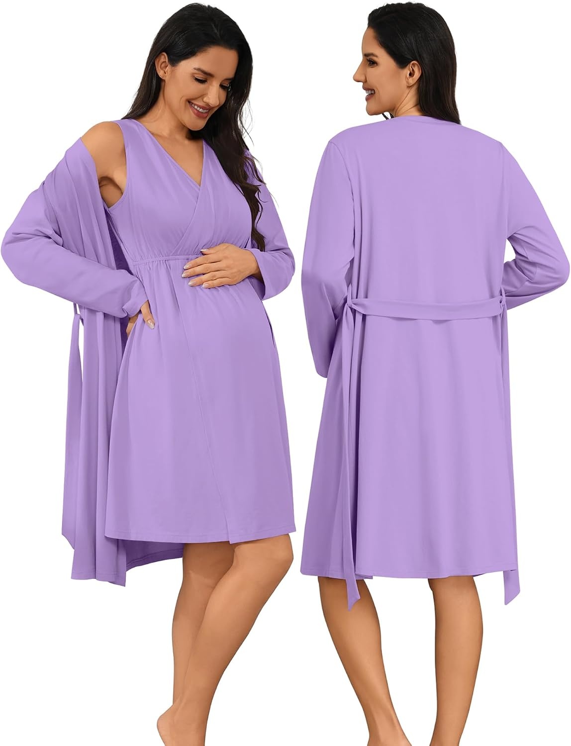 image:imageSWOMOG Women 100 Cotton Maternity Nursing Gown and Robe Set 3 in 1 Labor Postpartum Soft Nightgown for BreastfeedingLilac Purple