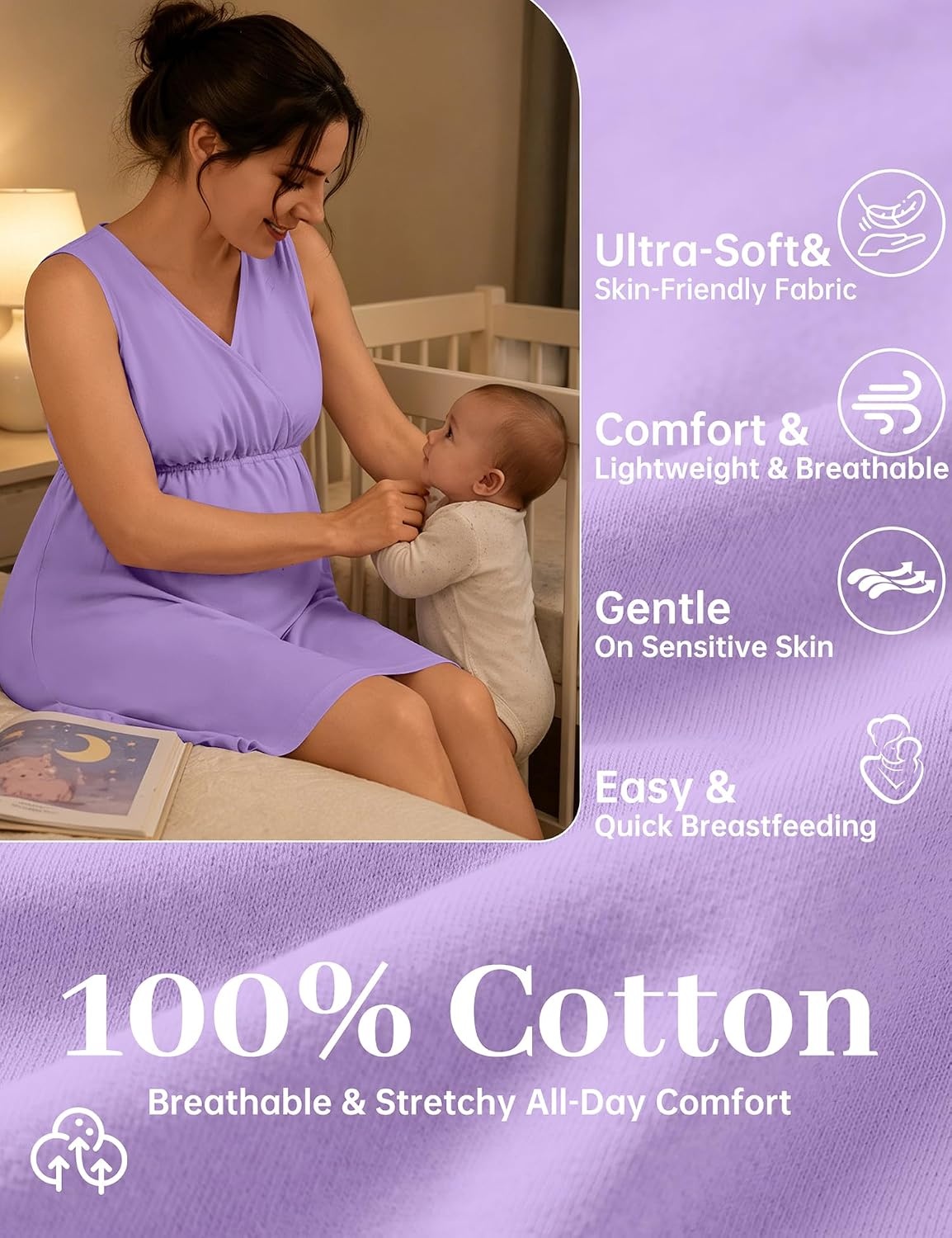 image:imageSWOMOG Women 100 Cotton Maternity Nursing Gown and Robe Set 3 in 1 Labor Postpartum Soft Nightgown for BreastfeedingLilac Purple