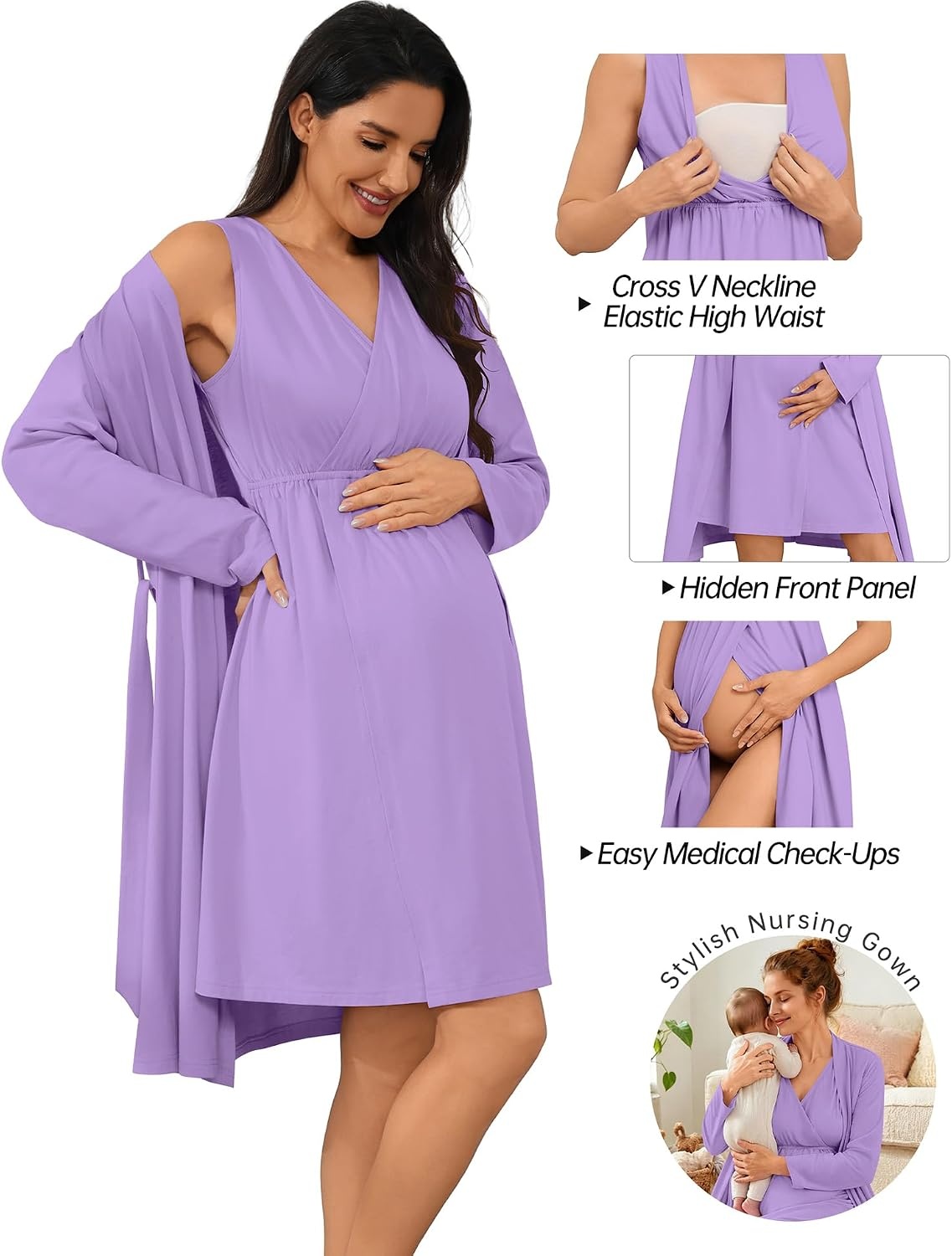 image:imageSWOMOG Women 100 Cotton Maternity Nursing Gown and Robe Set 3 in 1 Labor Postpartum Soft Nightgown for BreastfeedingLilac Purple