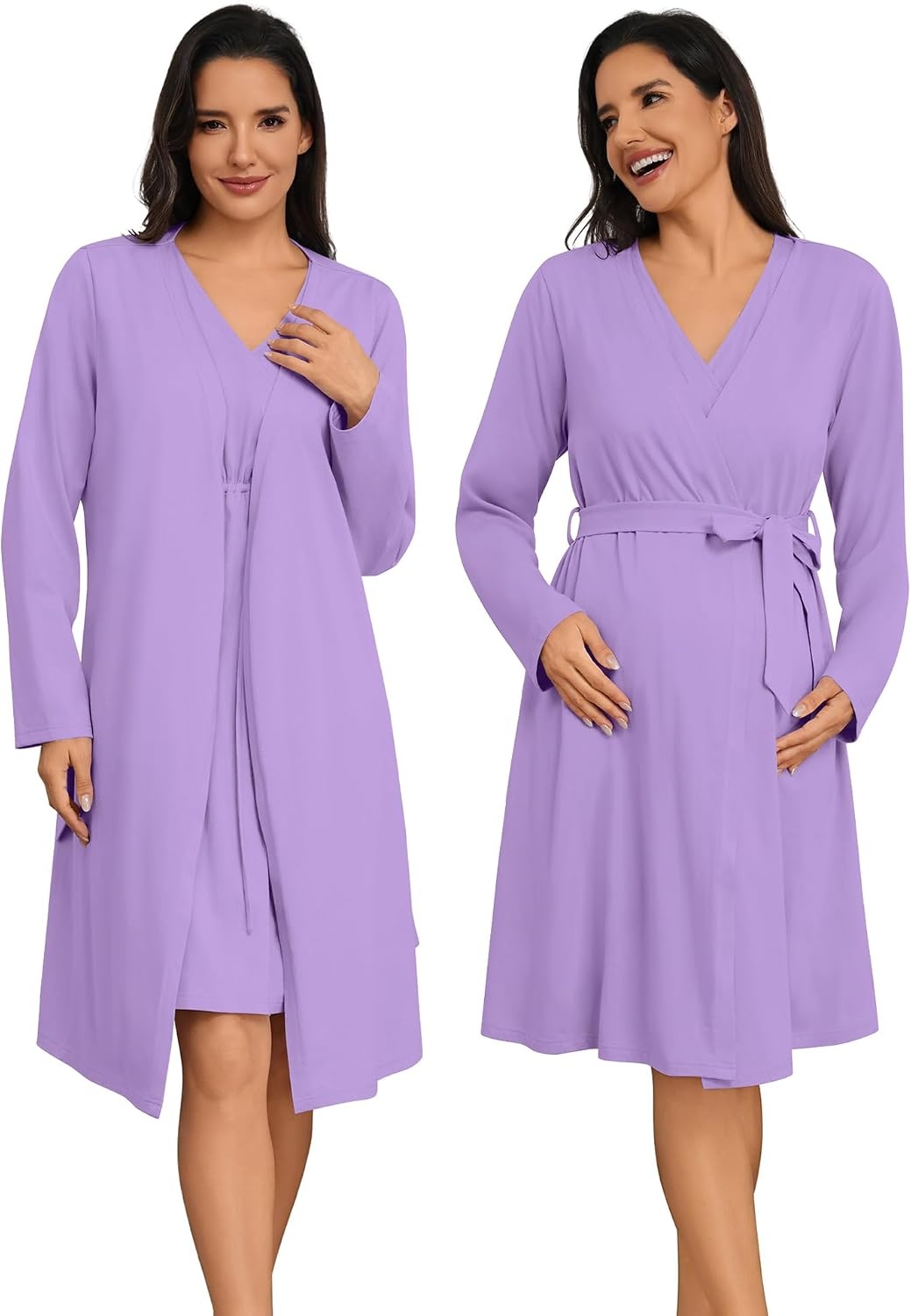 image:imageSWOMOG Women 100 Cotton Maternity Nursing Gown and Robe Set 3 in 1 Labor Postpartum Soft Nightgown for BreastfeedingLilac Purple