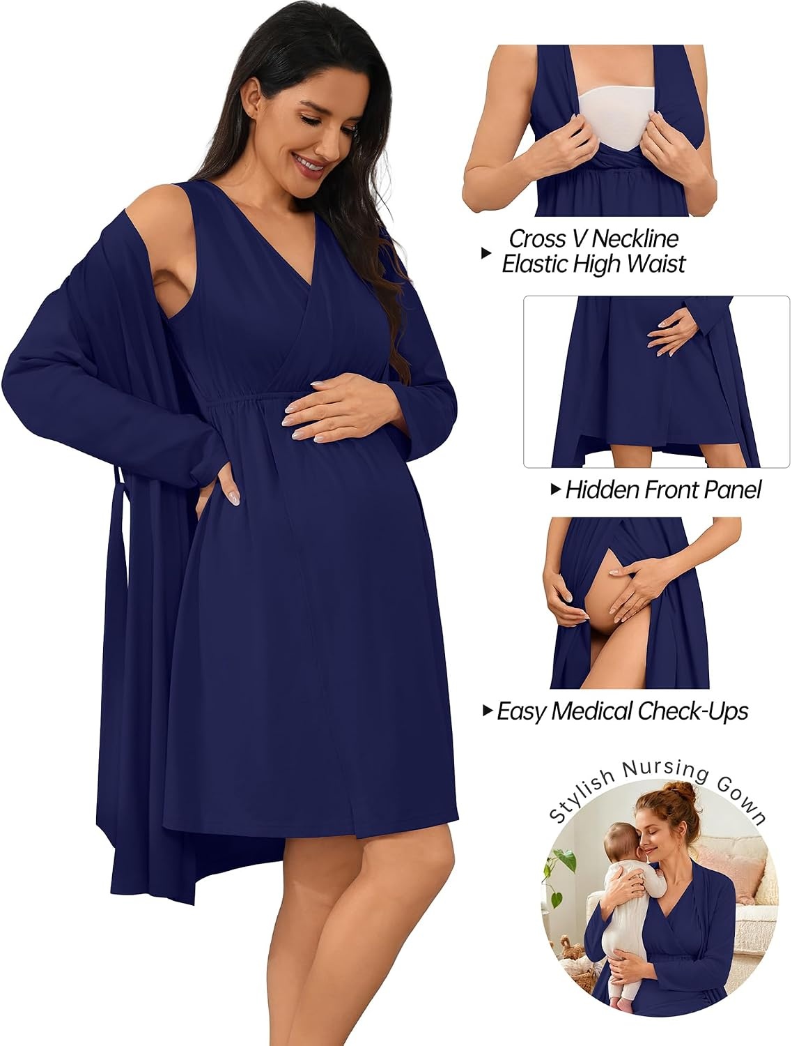 image:imageSWOMOG Women 100 Cotton Maternity Nursing Gown and Robe Set 3 in 1 Labor Postpartum Soft Nightgown for BreastfeedingNavy Blue