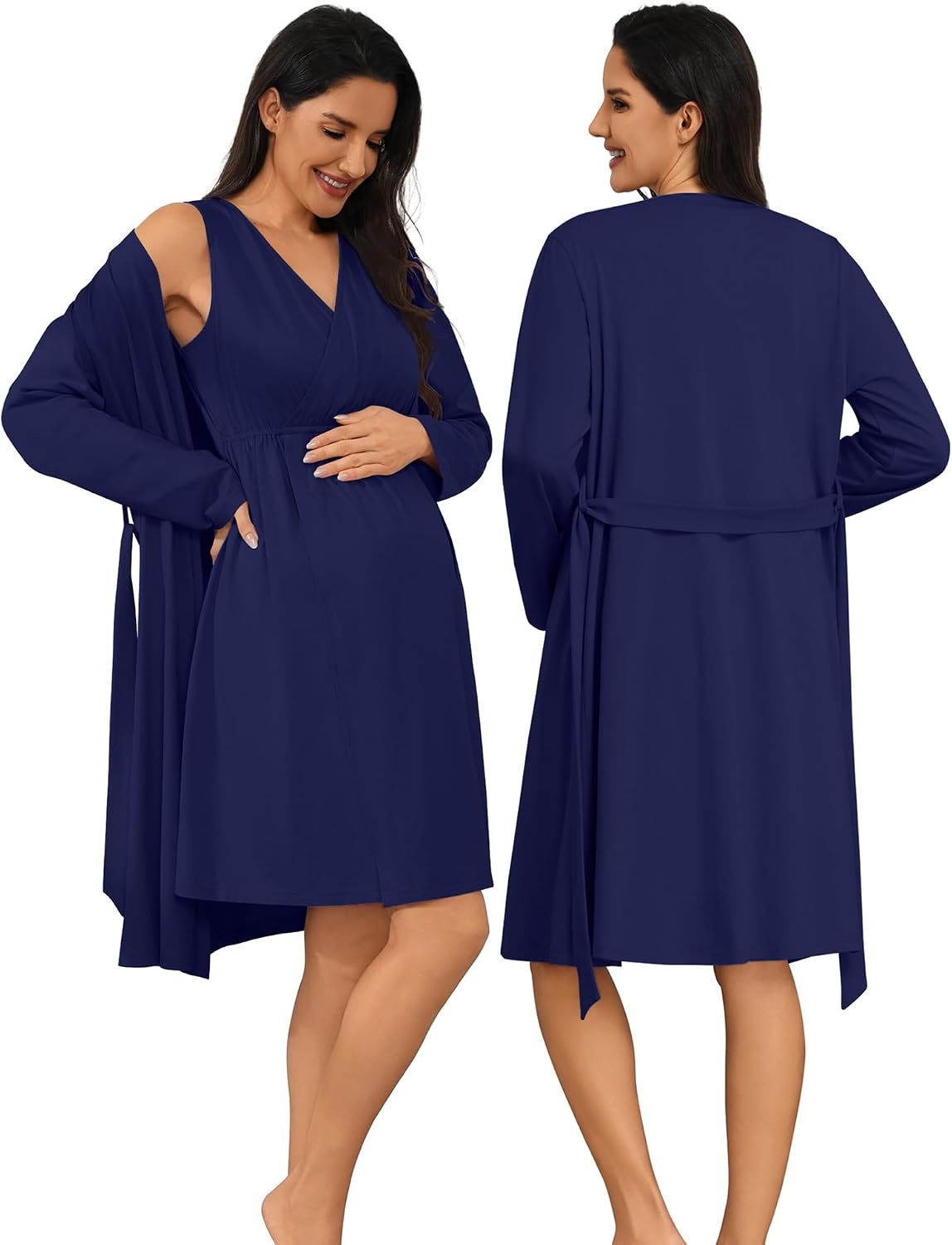 image:imageSWOMOG Women 100 Cotton Maternity Nursing Gown and Robe Set 3 in 1 Labor Postpartum Soft Nightgown for BreastfeedingNavy Blue
