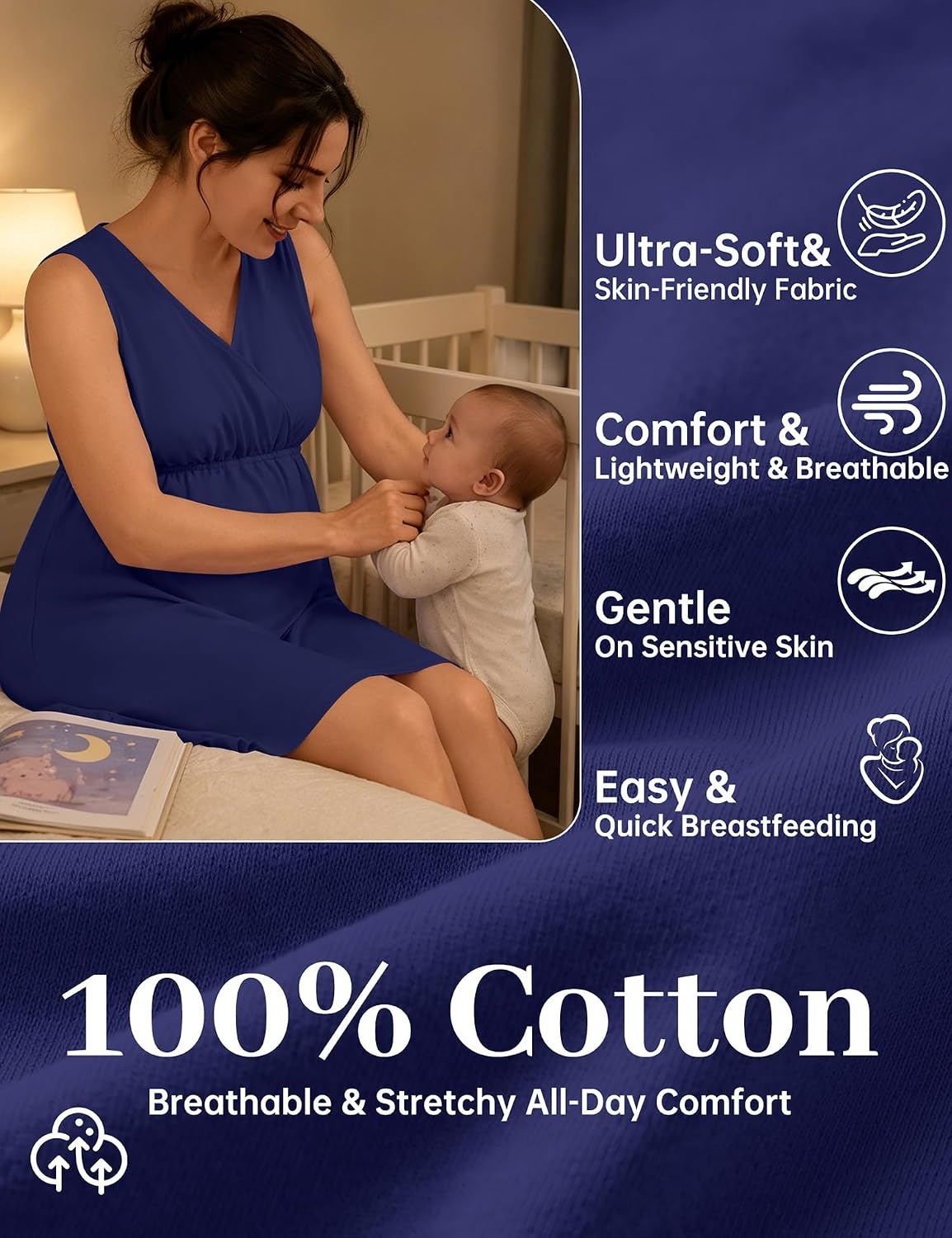 image:imageSWOMOG Women 100 Cotton Maternity Nursing Gown and Robe Set 3 in 1 Labor Postpartum Soft Nightgown for BreastfeedingNavy Blue
