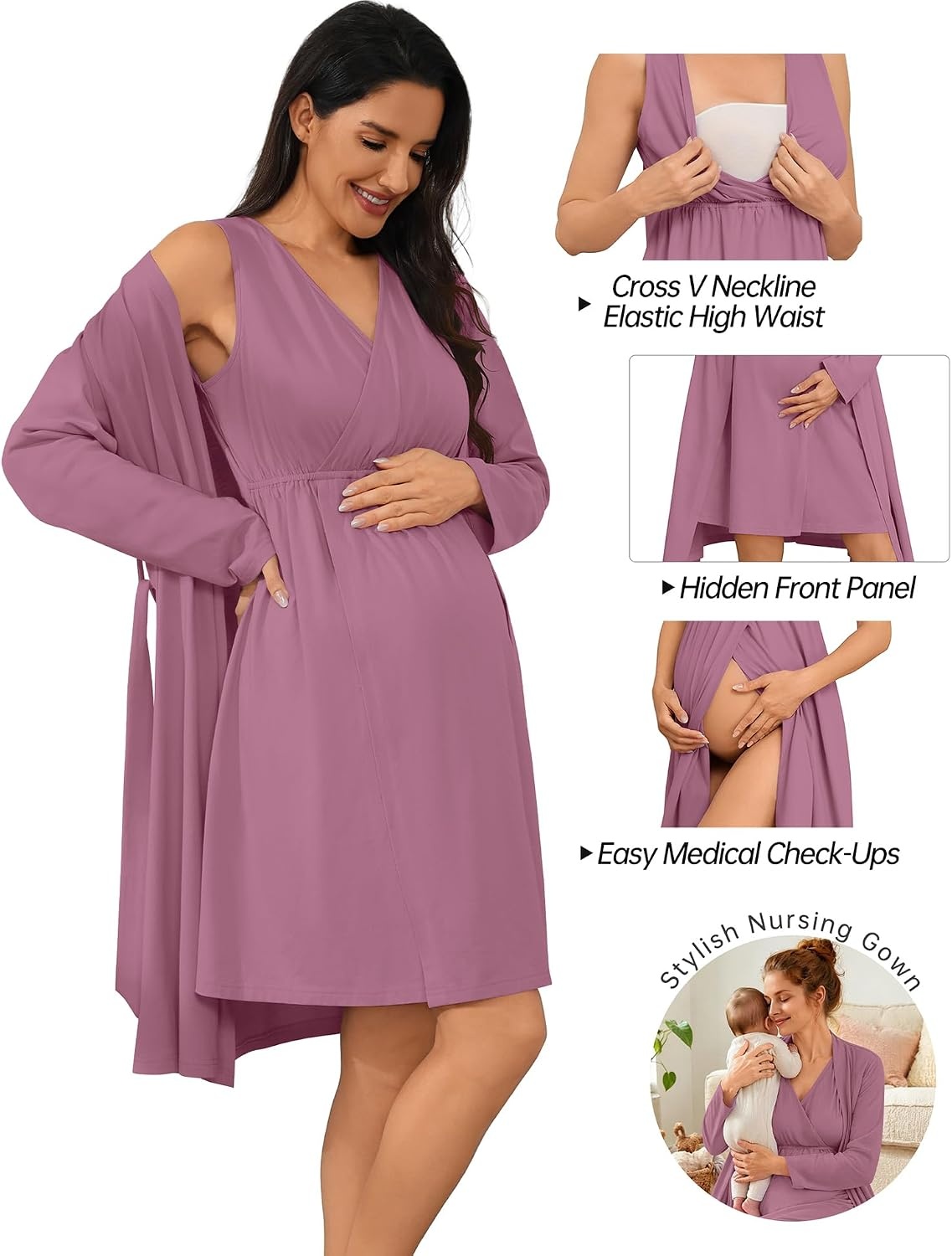 image:imageSWOMOG Women 100 Cotton Maternity Nursing Gown and Robe Set 3 in 1 Labor Postpartum Soft Nightgown for BreastfeedingTaro Purple
