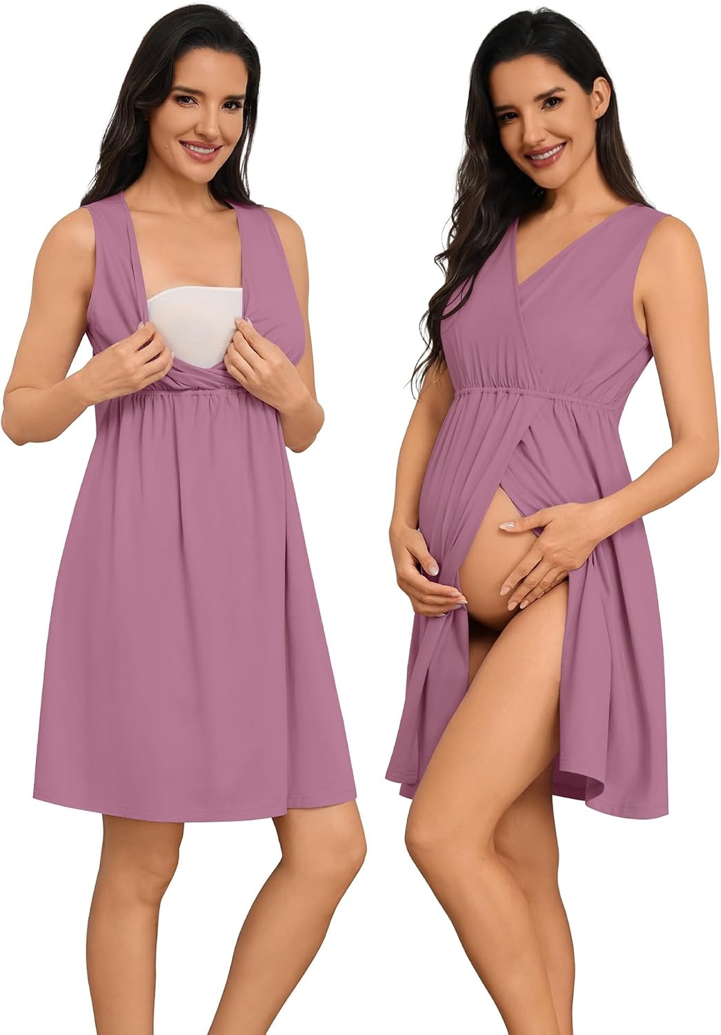 image:imageSWOMOG Women 100 Cotton Maternity Nursing Gown and Robe Set 3 in 1 Labor Postpartum Soft Nightgown for BreastfeedingTaro Purple