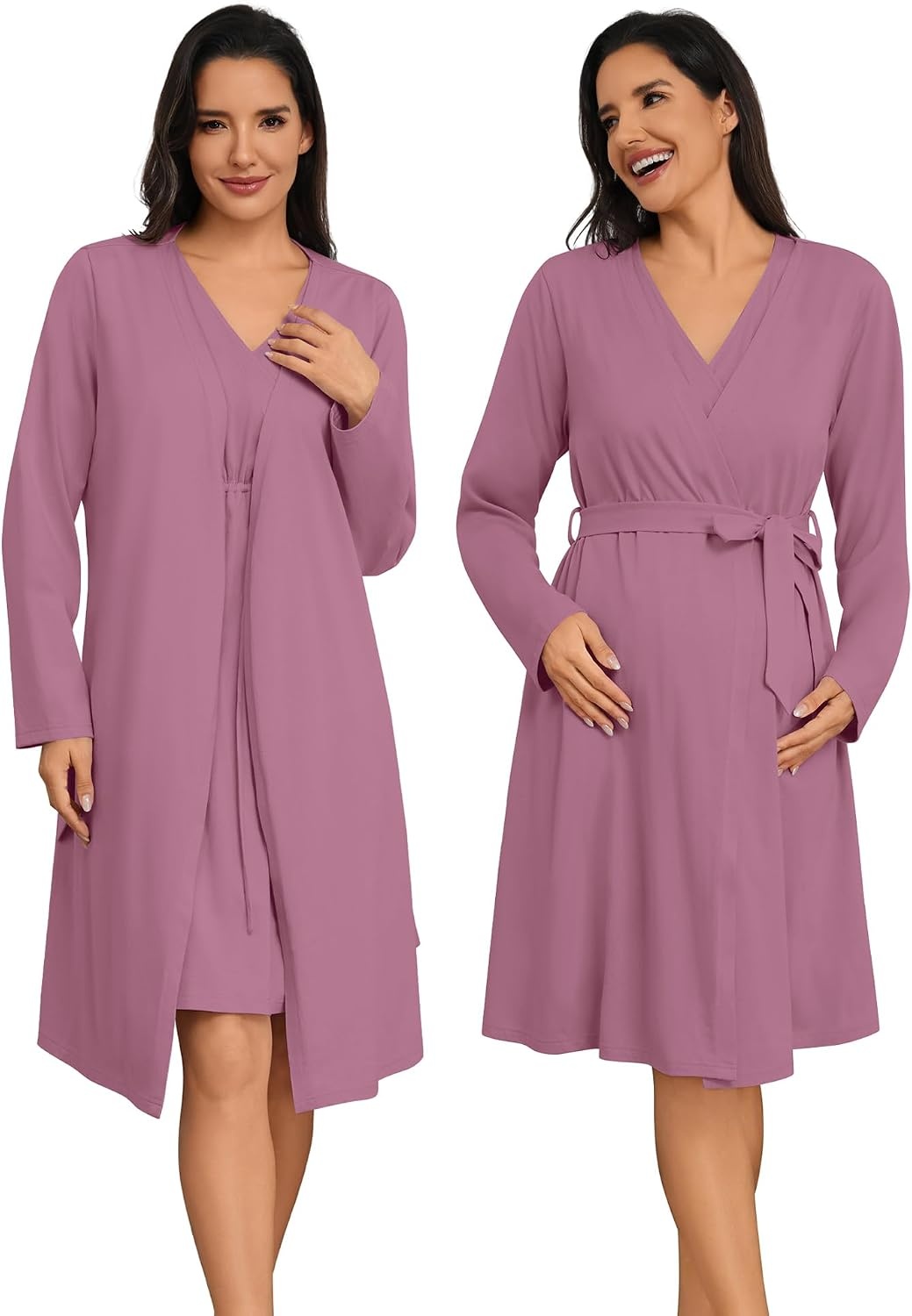 image:imageSWOMOG Women 100 Cotton Maternity Nursing Gown and Robe Set 3 in 1 Labor Postpartum Soft Nightgown for BreastfeedingTaro Purple