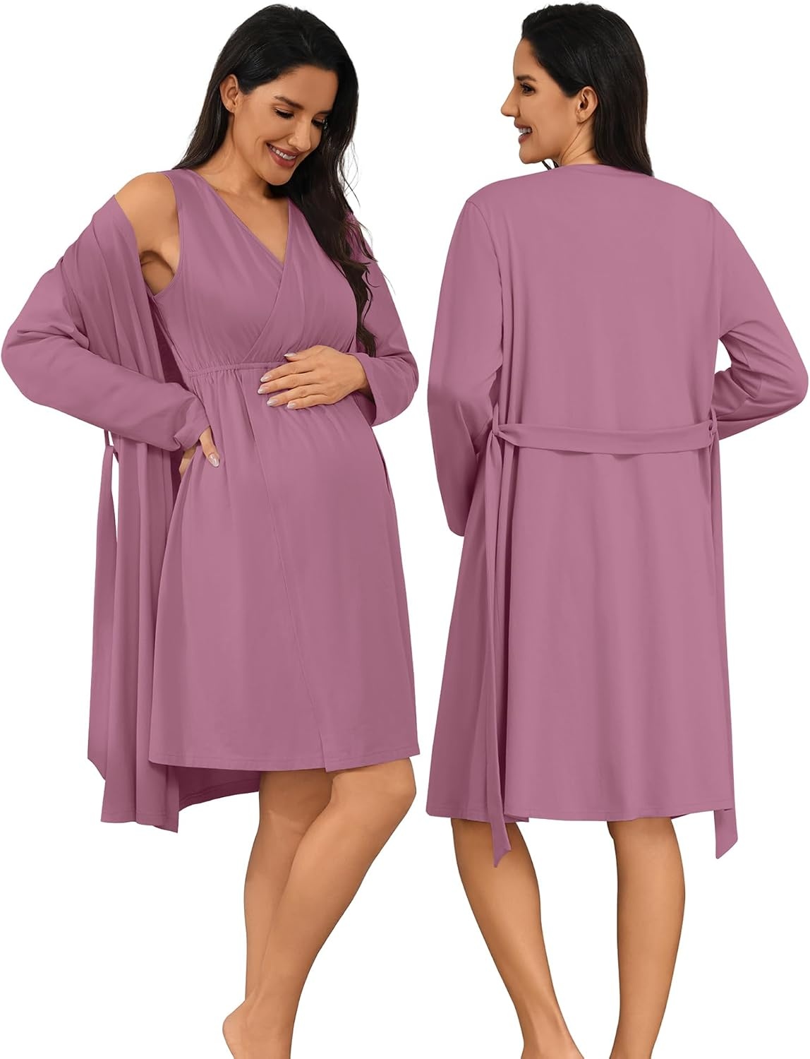 image:imageSWOMOG Women 100 Cotton Maternity Nursing Gown and Robe Set 3 in 1 Labor Postpartum Soft Nightgown for BreastfeedingTaro Purple