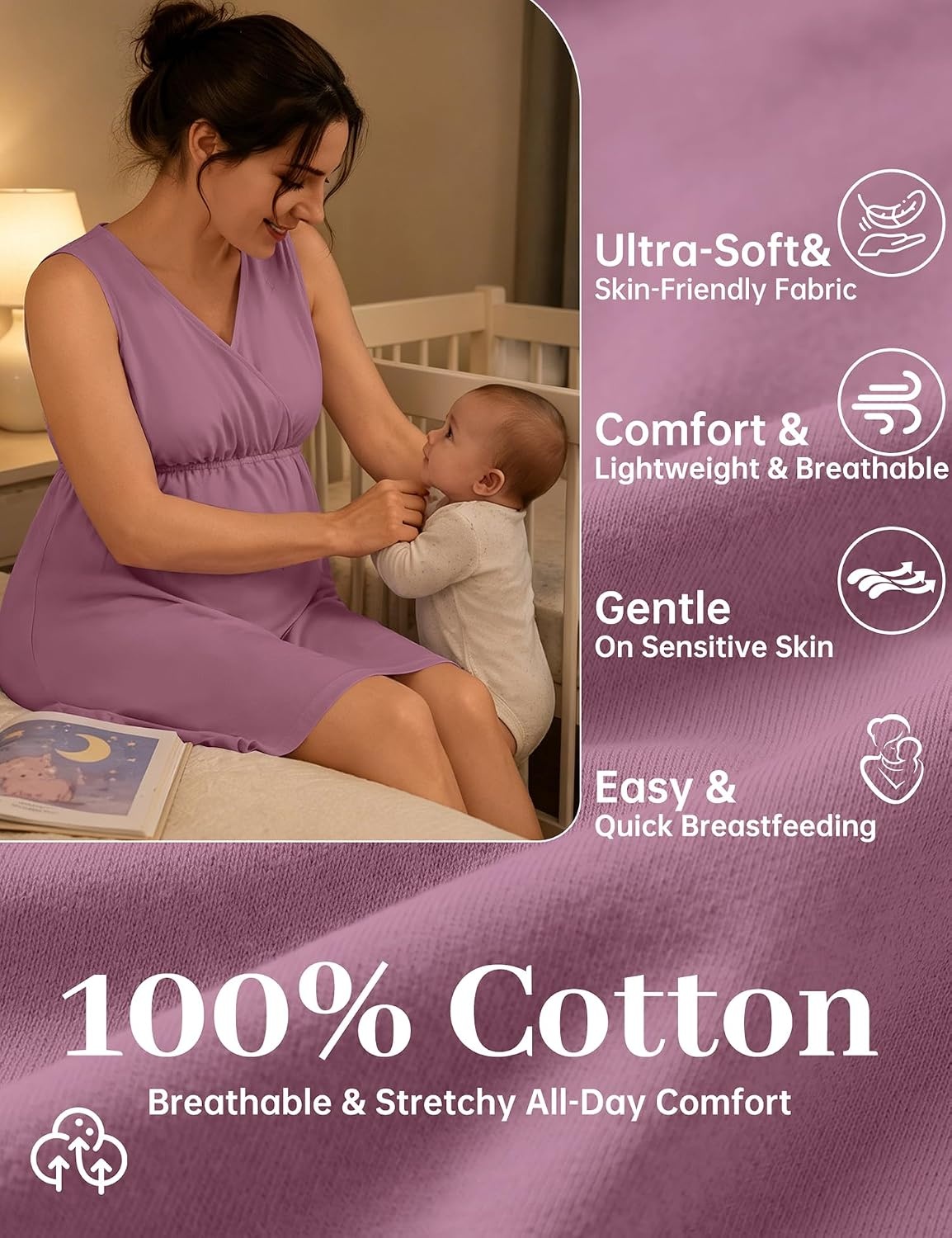 image:imageSWOMOG Women 100 Cotton Maternity Nursing Gown and Robe Set 3 in 1 Labor Postpartum Soft Nightgown for BreastfeedingTaro Purple
