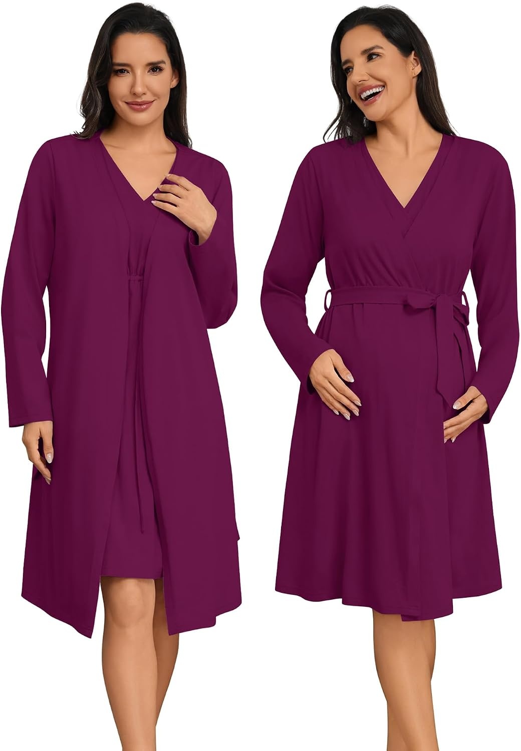 image:imageSWOMOG Women 100 Cotton Maternity Nursing Gown and Robe Set 3 in 1 Labor Postpartum Soft Nightgown for BreastfeedingWineberry