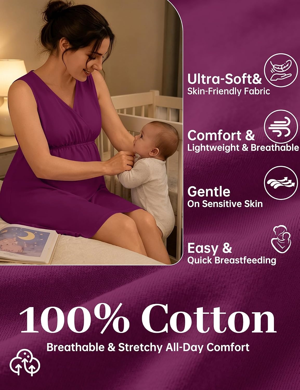 image:imageSWOMOG Women 100 Cotton Maternity Nursing Gown and Robe Set 3 in 1 Labor Postpartum Soft Nightgown for BreastfeedingWineberry