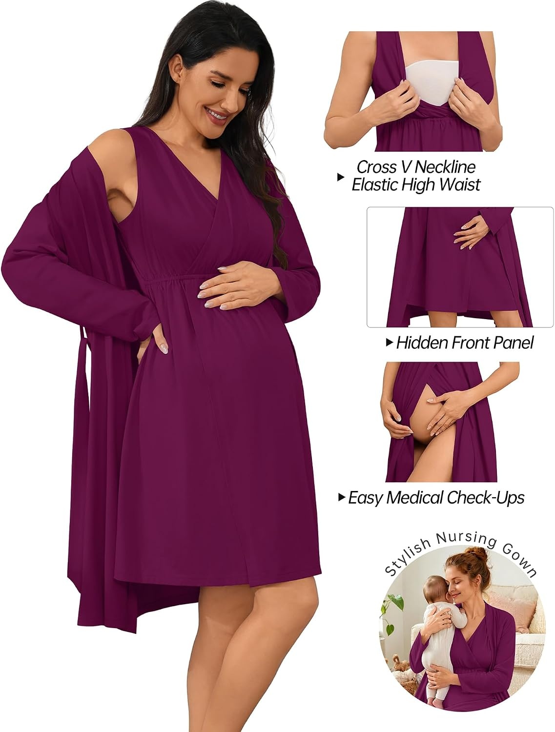 image:imageSWOMOG Women 100 Cotton Maternity Nursing Gown and Robe Set 3 in 1 Labor Postpartum Soft Nightgown for BreastfeedingWineberry
