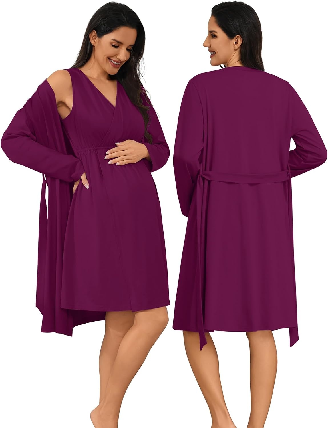 image:imageSWOMOG Women 100 Cotton Maternity Nursing Gown and Robe Set 3 in 1 Labor Postpartum Soft Nightgown for BreastfeedingWineberry