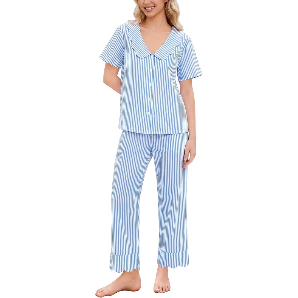 image:imageSWOMOG 100 Cotton Women Pajamas Set 2 Piece Short Sleeve Sleepwear Gingham Button Down Lounge Set Soft Ruffle PjsBlue Striped