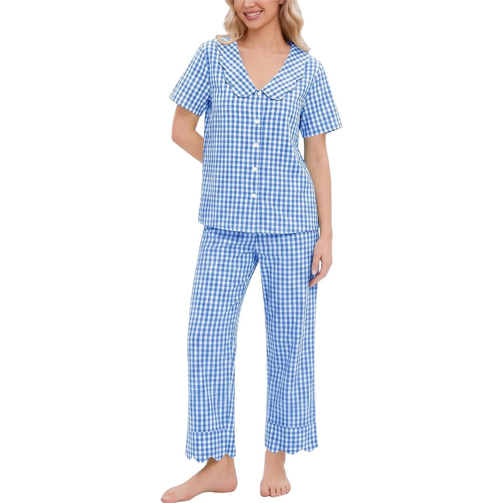 image:imageSWOMOG 100 Cotton Women Pajamas Set 2 Piece Short Sleeve Sleepwear Gingham Button Down Lounge Set Soft Ruffle PjsLight Blue White Plaid
