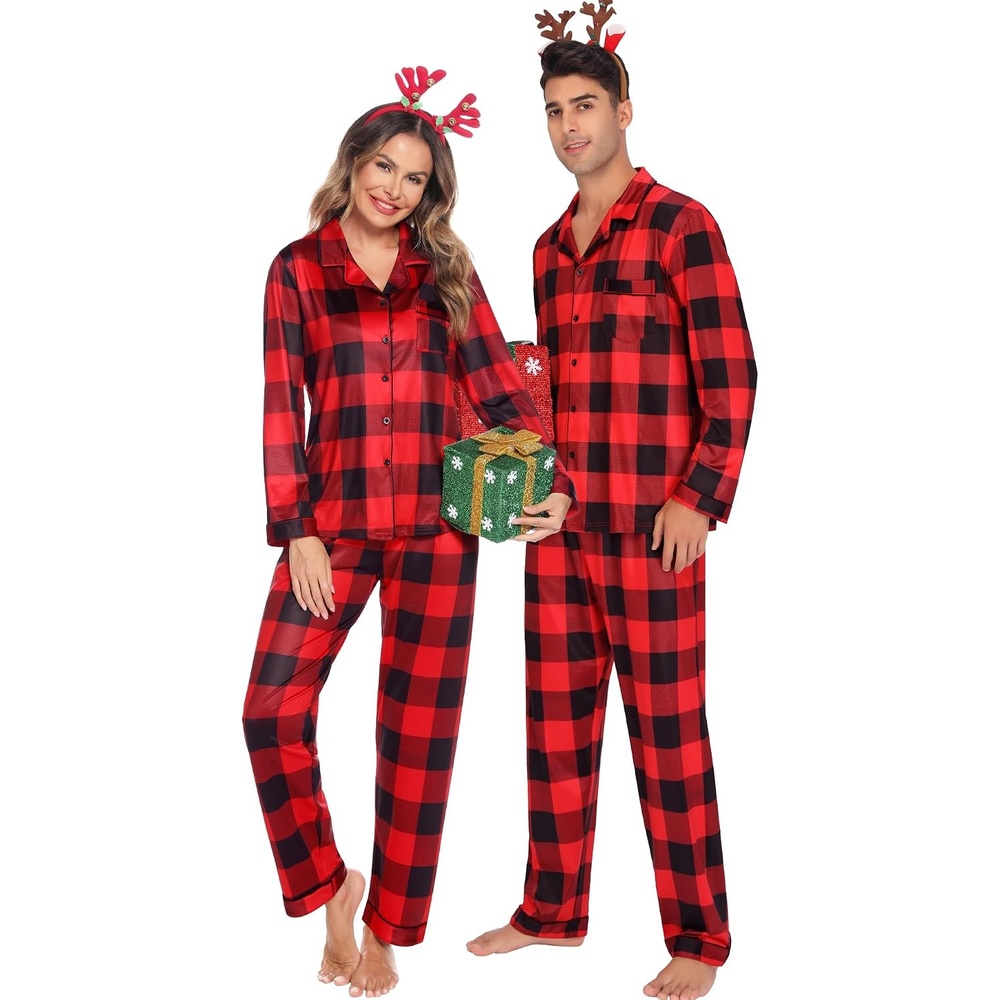 image:imageSWOMOG Family Christmas Pajamas Set Women amp Men Long Sleeve Sleepwear Sets Party Holiday Pj ButtonDown Loungewear SetBig Red With Black Grid
