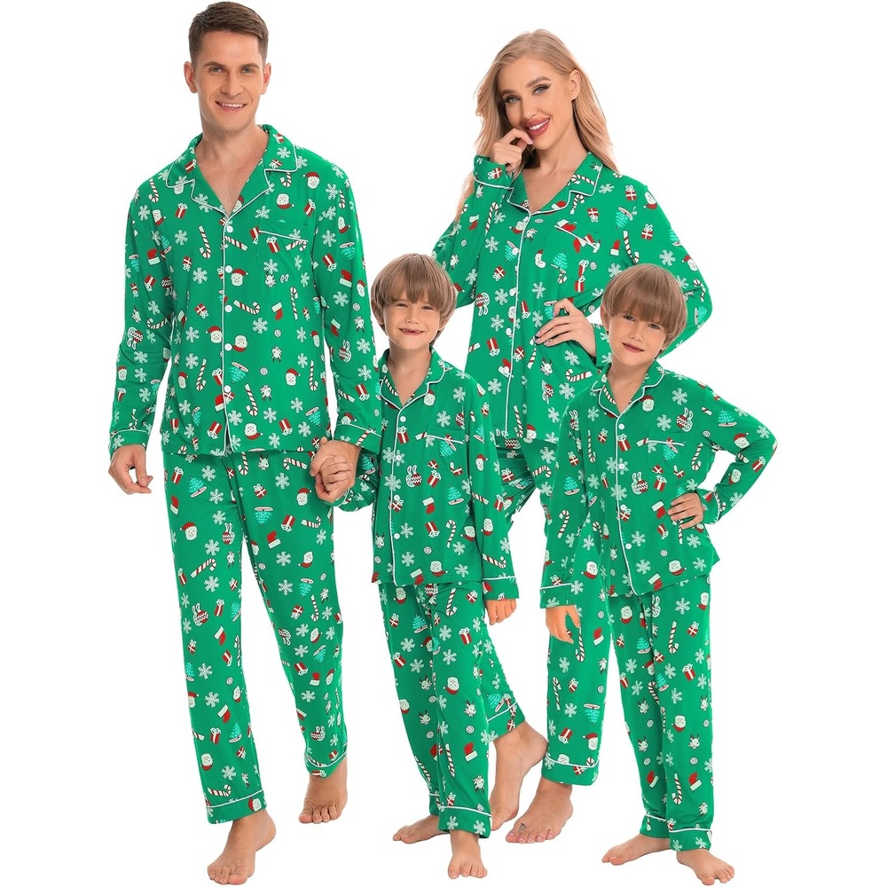 image:imageSWOMOG Family Christmas Pajamas Set Women amp Men Long Sleeve Sleepwear Sets Party Holiday Pj ButtonDown Loungewear SetGreen With Santa Claus