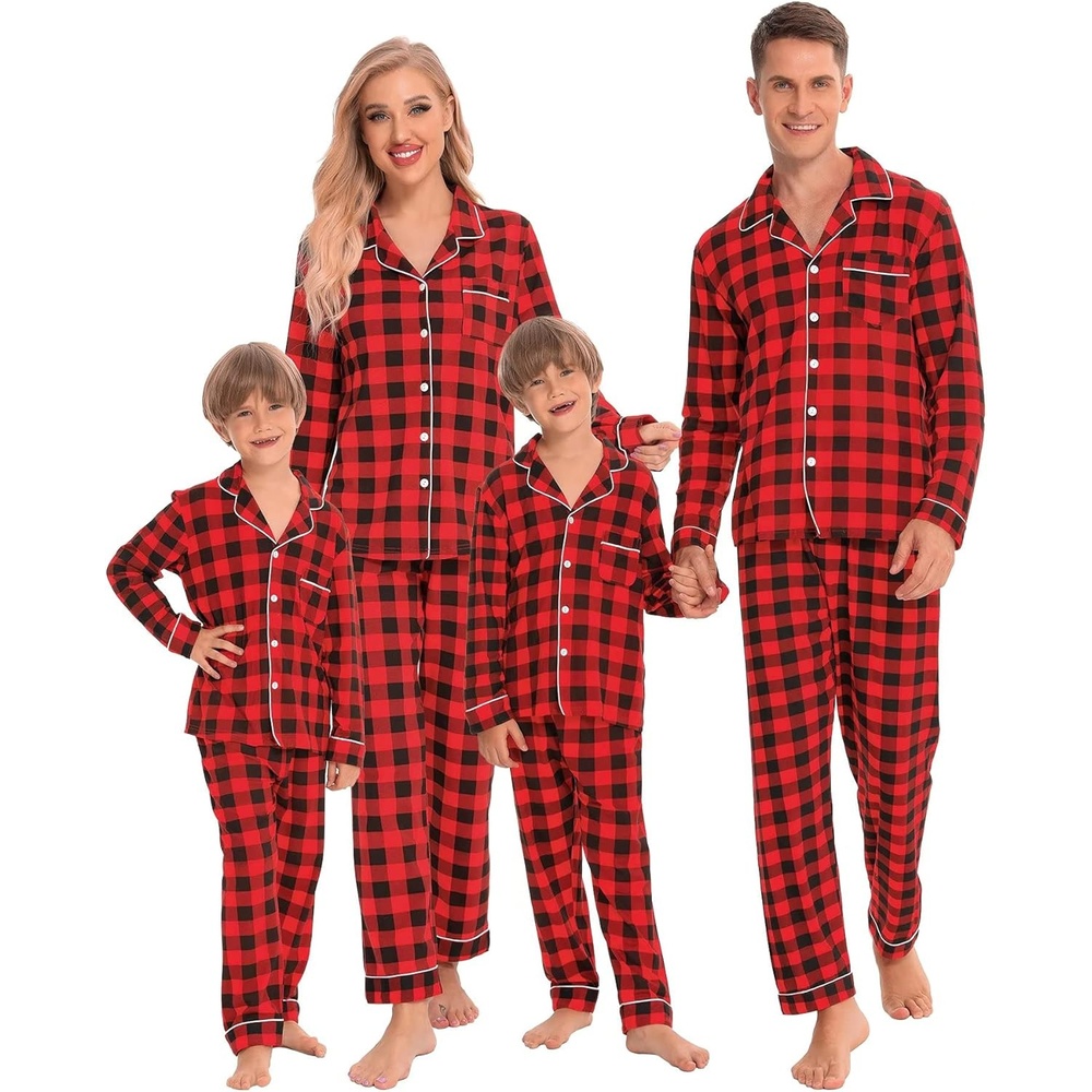 image:imageSWOMOG Family Christmas Pajamas Set Women amp Men Long Sleeve Sleepwear Sets Party Holiday Pj ButtonDown Loungewear SetRed With Black Grid