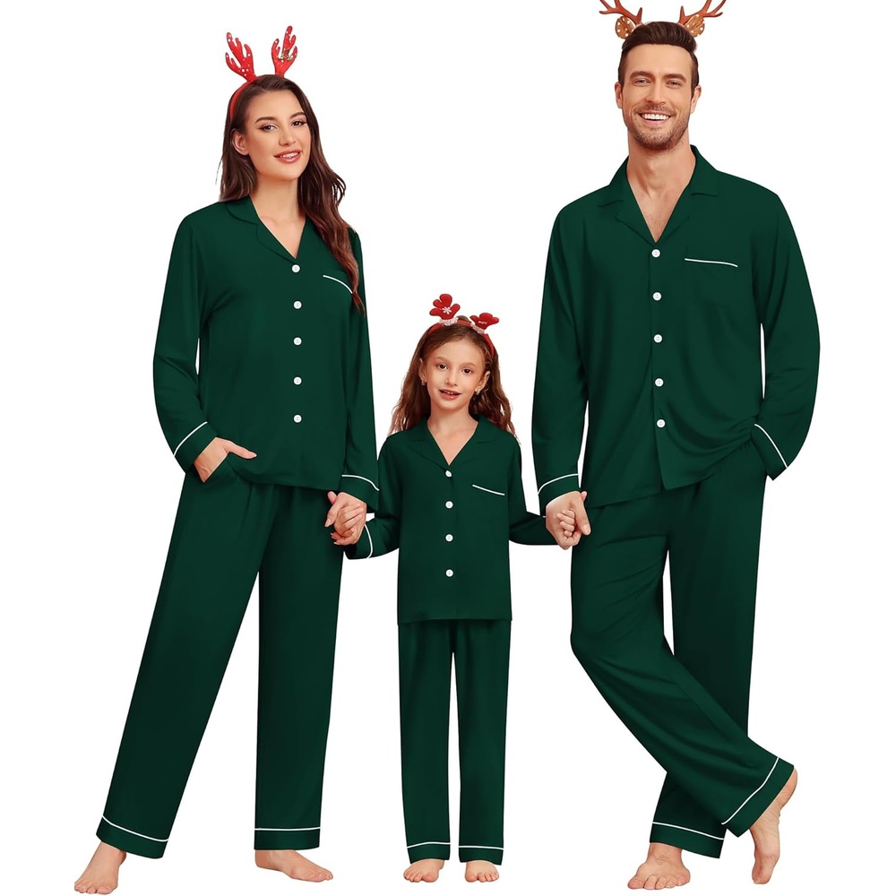image:imageSWOMOG Matching Family Christmas Pajamas Set Modal Long Sleeve ButtonDown Sleepwear Family Festival Party Xmas PJs SetsGreen