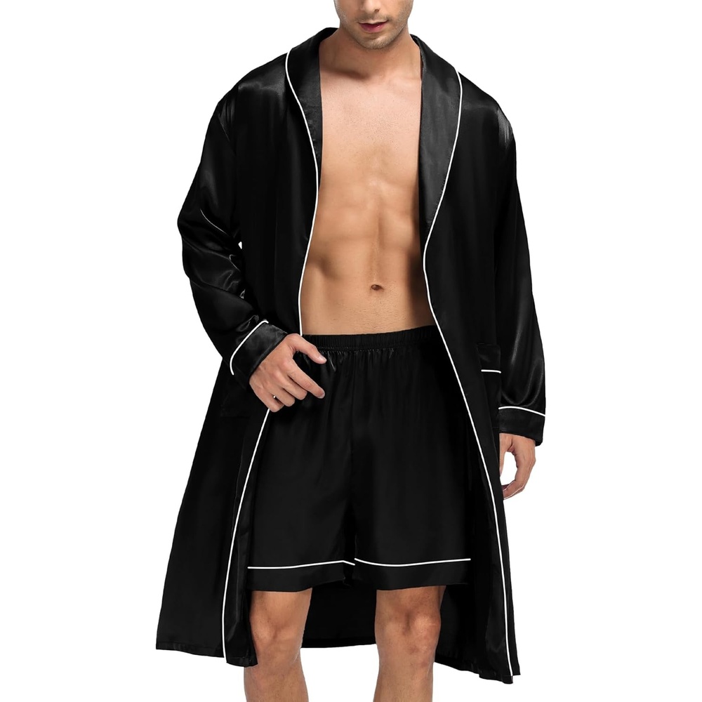 image:imageSWOMOG Mens Satin Robe Silky Kimono Bathrobe with Shorts Set Lightweight Soft Loungewear NightwearBlack