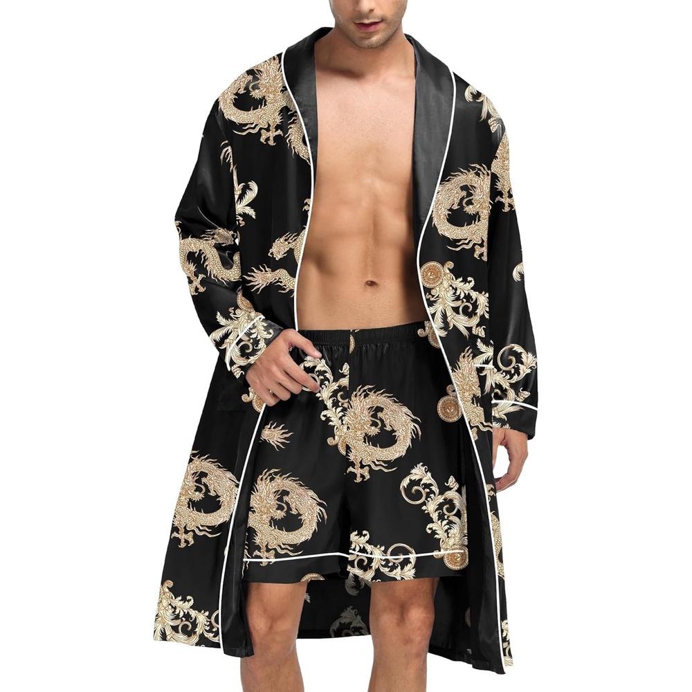 image:imageSWOMOG Mens Satin Robe Silky Kimono Bathrobe with Shorts Set Lightweight Soft Loungewear NightwearBlack Dragon