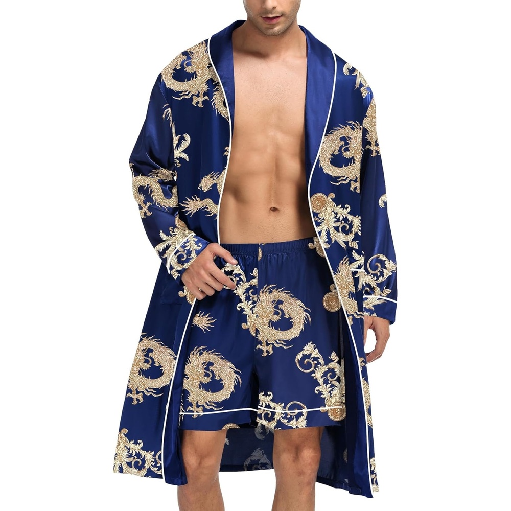image:imageSWOMOG Mens Satin Robe Silky Kimono Bathrobe with Shorts Set Lightweight Soft Loungewear NightwearBlue Dragon