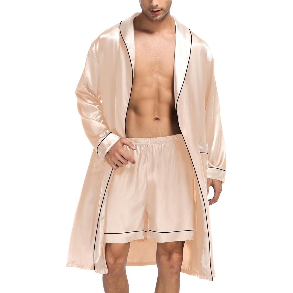 image:imageSWOMOG Mens Satin Robe Silky Kimono Bathrobe with Shorts Set Lightweight Soft Loungewear NightwearChampagne