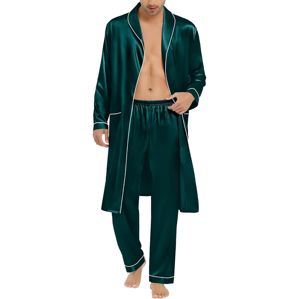 image:imageSWOMOG Mens Satin Robe Silky Kimono Bathrobe with Shorts Set Lightweight Soft Loungewear NightwearZlong Sleevedeep Green