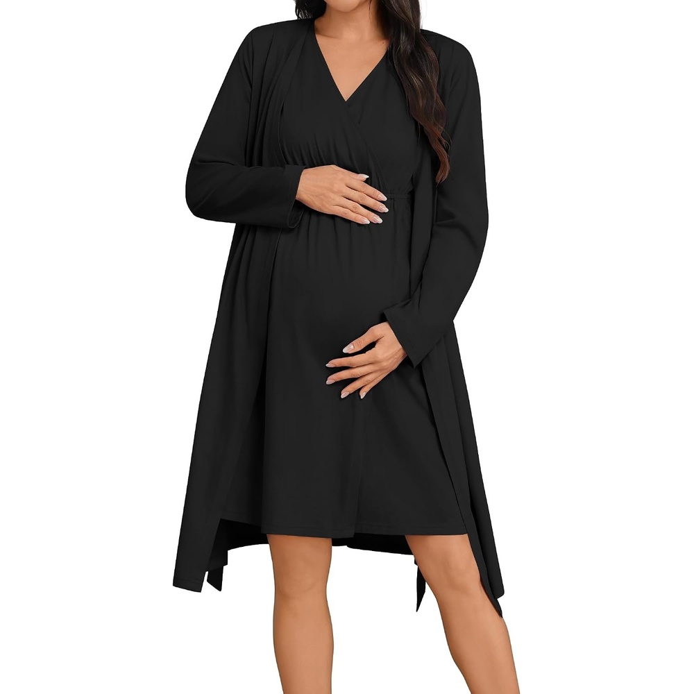 image:imageSWOMOG Women 100 Cotton Maternity Nursing Gown and Robe Set 3 in 1 Labor Postpartum Soft Nightgown for BreastfeedingBlack