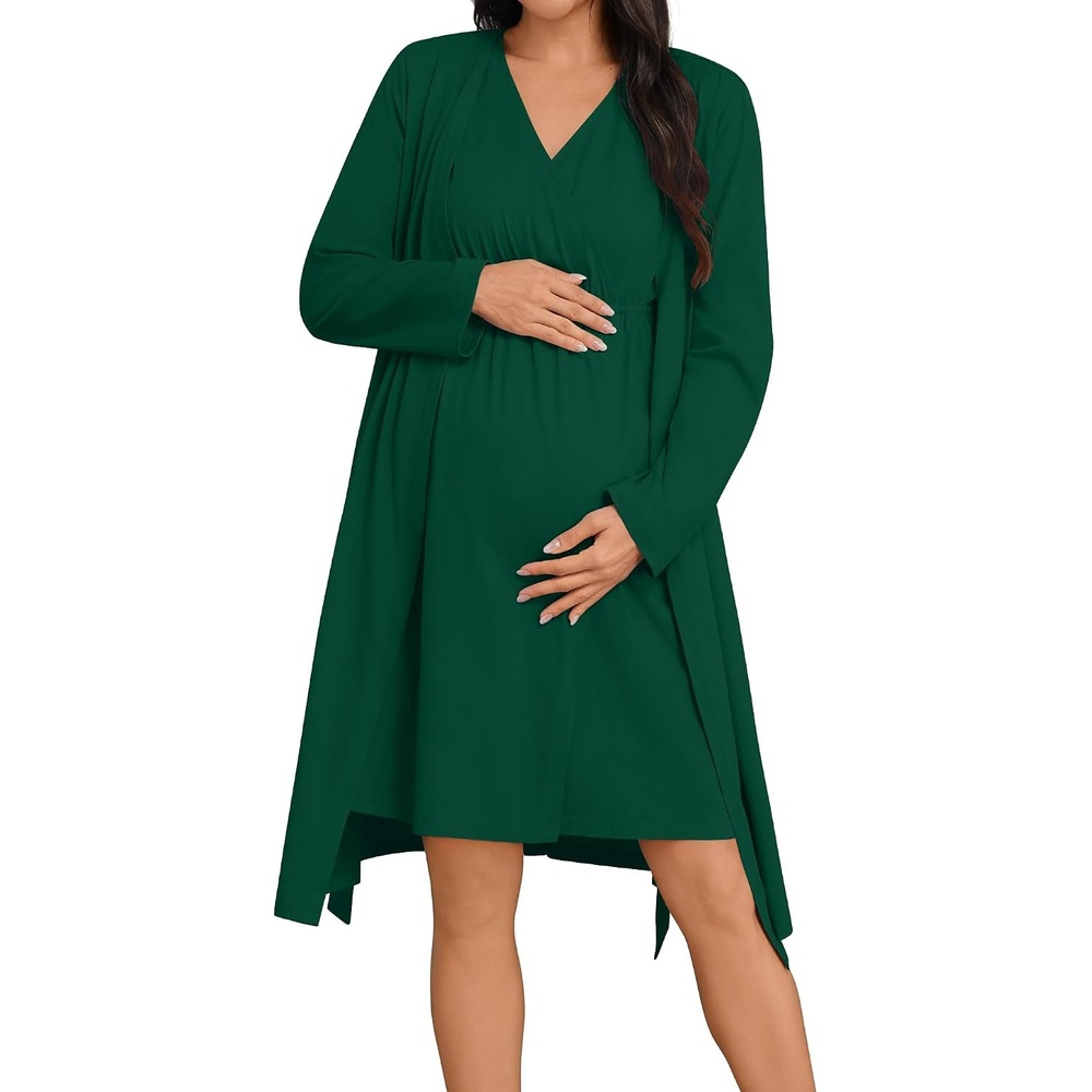 image:imageSWOMOG Women 100 Cotton Maternity Nursing Gown and Robe Set 3 in 1 Labor Postpartum Soft Nightgown for BreastfeedingEmerald Green