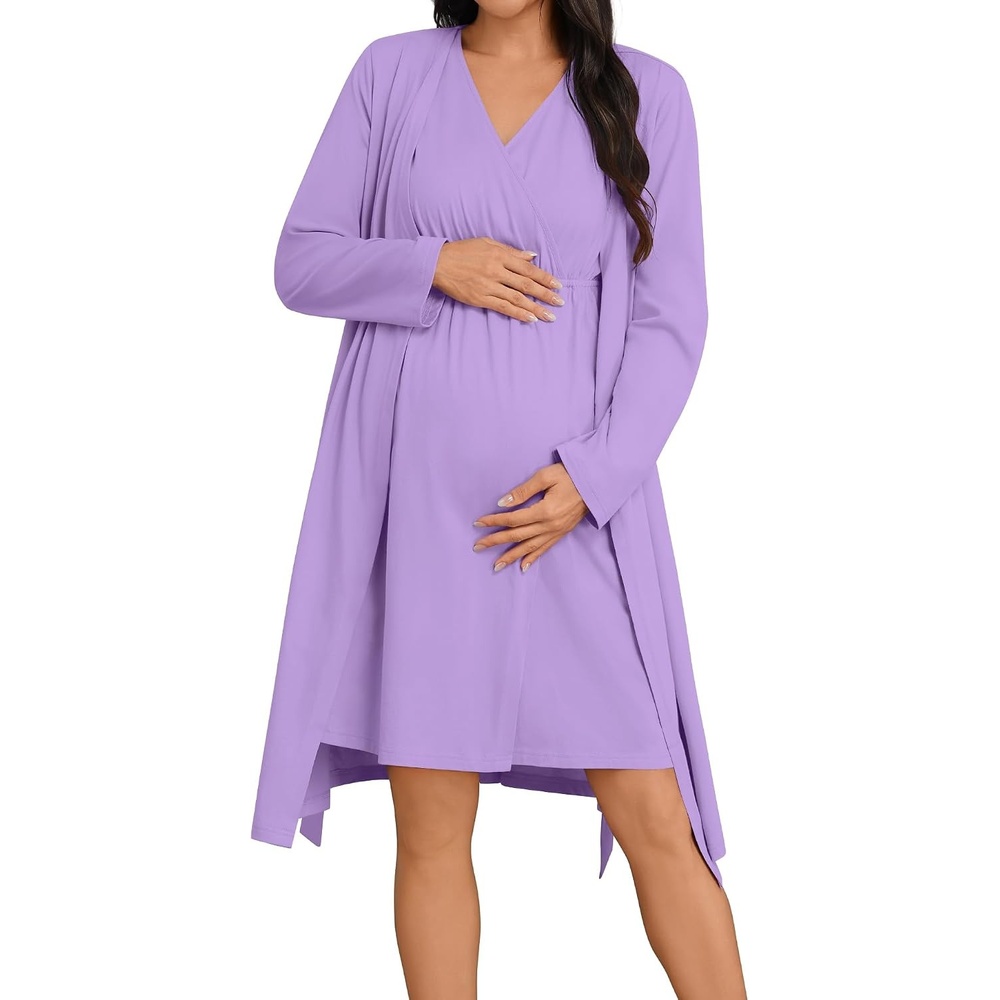 image:imageSWOMOG Women 100 Cotton Maternity Nursing Gown and Robe Set 3 in 1 Labor Postpartum Soft Nightgown for BreastfeedingLilac Purple