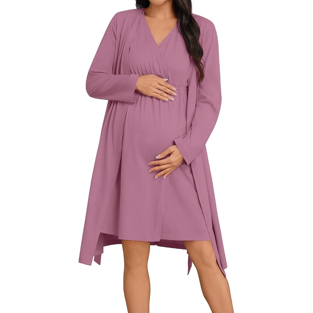 image:imageSWOMOG Women 100 Cotton Maternity Nursing Gown and Robe Set 3 in 1 Labor Postpartum Soft Nightgown for BreastfeedingTaro Purple