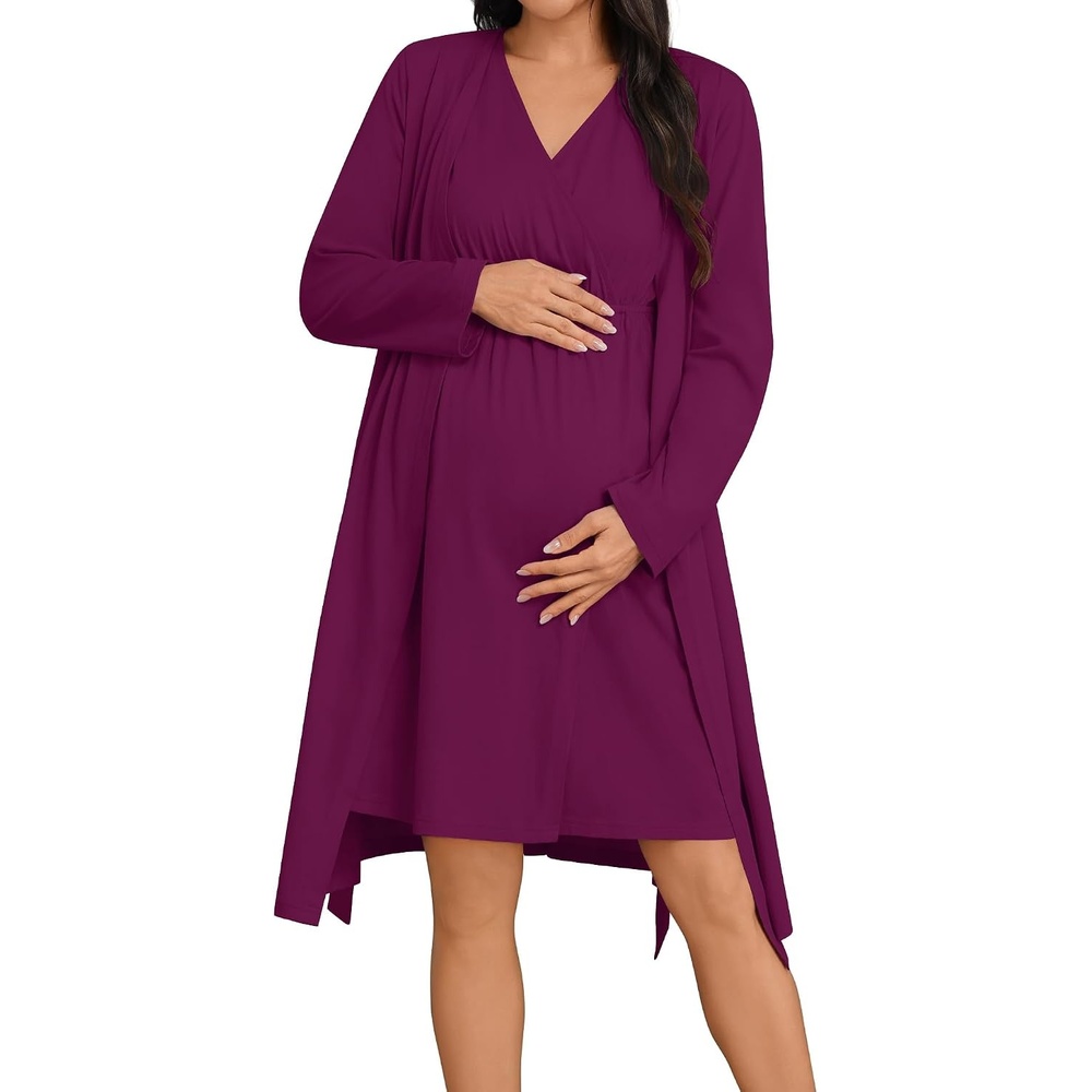 image:imageSWOMOG Women 100 Cotton Maternity Nursing Gown and Robe Set 3 in 1 Labor Postpartum Soft Nightgown for BreastfeedingWineberry