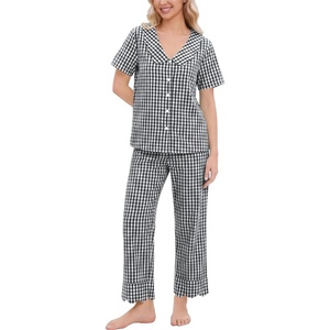 SWOMOG 100% Cotton Women Pajamas Set 2 Piece Short Sleeve Sleepwear Gingham Button Down Lounge Set Soft Ruffle Pjs(Black White Plaid)