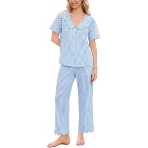 SWOMOG 100% Cotton Women Pajamas Set 2 Piece Short Sleeve Sleepwear Gingham Button Down Lounge Set Soft Ruffle Pjs(Blue Striped)