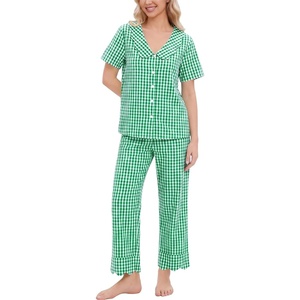 SWOMOG 100% Cotton Women Pajamas Set 2 Piece Short Sleeve Sleepwear Gingham Button Down Lounge Set Soft Ruffle Pjs(Green Plaid)