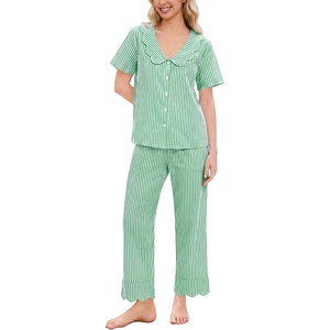 SWOMOG 100% Cotton Women Pajamas Set 2 Piece Short Sleeve Sleepwear Gingham Button Down Lounge Set Soft Ruffle Pjs(Green Striped)