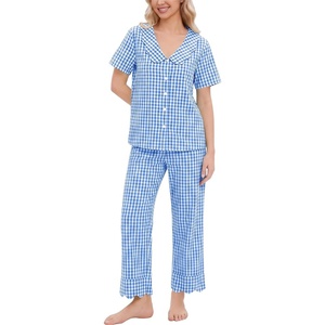 SWOMOG 100% Cotton Women Pajamas Set 2 Piece Short Sleeve Sleepwear Gingham Button Down Lounge Set Soft Ruffle Pjs(Light Blue White Plaid)