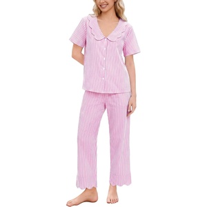 SWOMOG 100% Cotton Women Pajamas Set 2 Piece Short Sleeve Sleepwear Gingham Button Down Lounge Set Soft Ruffle Pjs(Pink Striped)