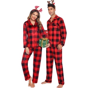 SWOMOG Family Christmas Pajamas Set Women & Men Long Sleeve Sleepwear Sets Party Holiday Pj Button-Down Loungewear Set(Big Red With Black Grid)