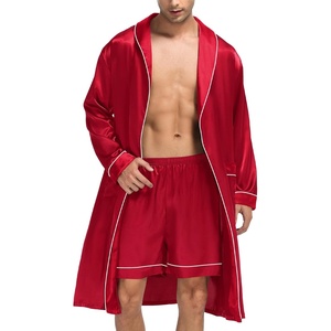 SWOMOG Men’s Satin Robe Silky Kimono Bathrobe with Shorts Set Lightweight Soft Loungewear Nightwear(0-red)