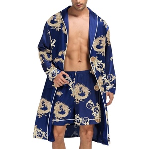 SWOMOG Men’s Satin Robe Silky Kimono Bathrobe with Shorts Set Lightweight Soft Loungewear Nightwear(Blue Dragon)