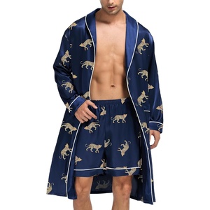 SWOMOG Men’s Satin Robe Silky Kimono Bathrobe with Shorts Set Lightweight Soft Loungewear Nightwear(Blue Leopard)