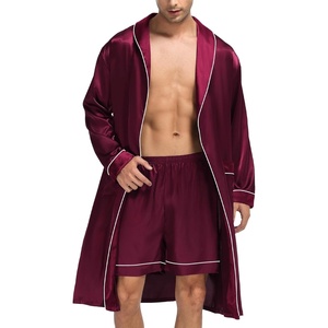 SWOMOG Men’s Satin Robe Silky Kimono Bathrobe with Shorts Set Lightweight Soft Loungewear Nightwear(Dark Wine Red)