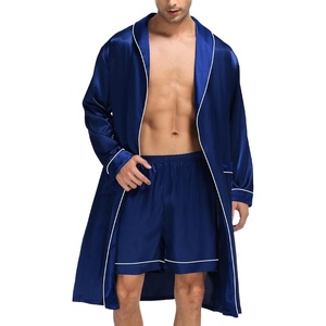 SWOMOG Men’s Satin Robe Silky Kimono Bathrobe with Shorts Set Lightweight Soft Loungewear Nightwear(Navy Blue)
