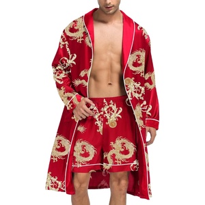 SWOMOG Men’s Satin Robe Silky Kimono Bathrobe with Shorts Set Lightweight Soft Loungewear Nightwear(Red Dragon)