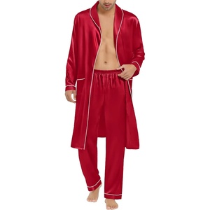 SWOMOG Men’s Satin Robe Silky Kimono Bathrobe with Shorts Set Lightweight Soft Loungewear Nightwear(Z-long Sleeve-reda)