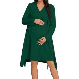 SWOMOG Women 100% Cotton Maternity Nursing Gown and Robe Set 3 in 1 Labor Postpartum Soft Nightgown for Breastfeeding(Emerald Green)