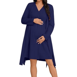 SWOMOG Women 100% Cotton Maternity Nursing Gown and Robe Set 3 in 1 Labor Postpartum Soft Nightgown for Breastfeeding(Navy Blue)