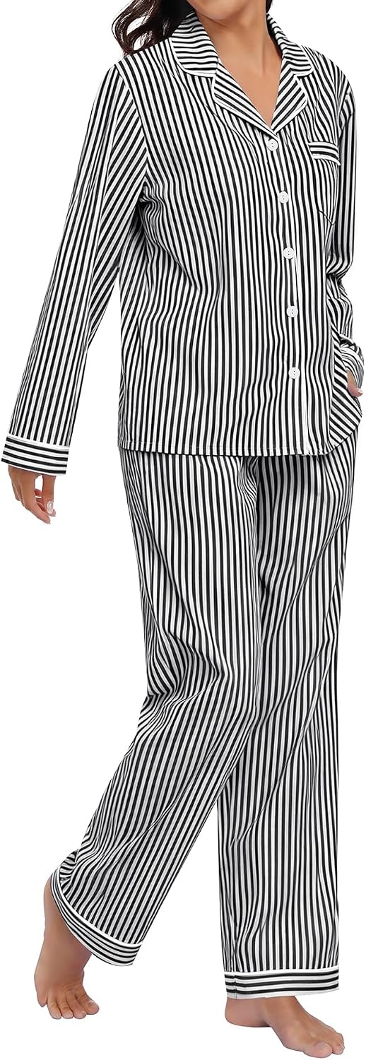 image:imageSWOMOG 100 Cotton Pajama Set for Women 2 PCS Long Sleeve Plaid Pjs Set Button Down Sleepwear with PantsBlack Stripe